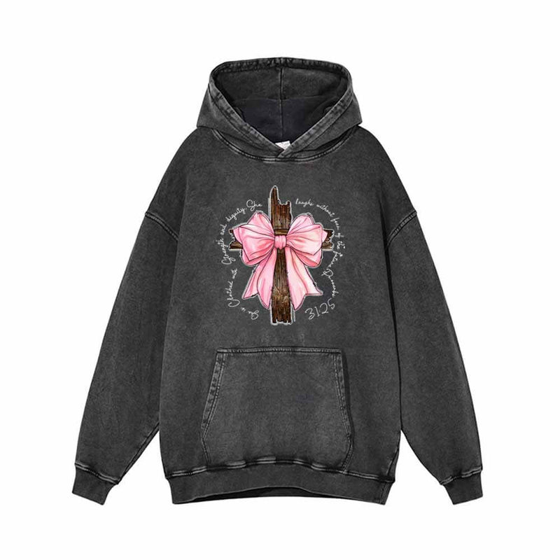 Cross With Bow Vintage Washed Hoodie | Gthic.com