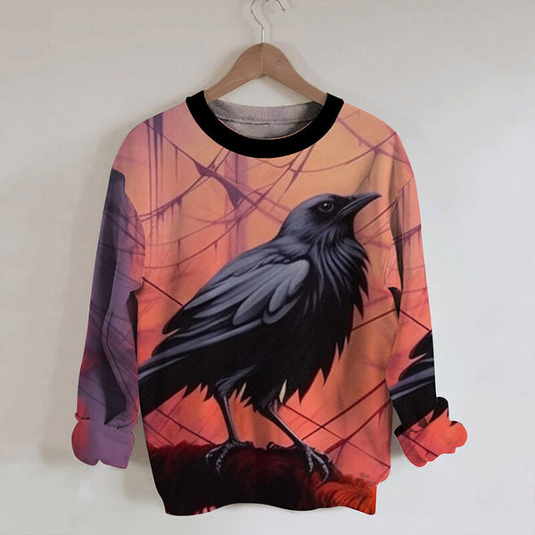 Crow Pattern Casual Round Neck Sweatshirt | Gthic.com
