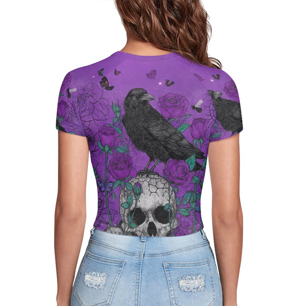 Crow Standing On Skull Tight Navel-Exposed Crop T-Shirt