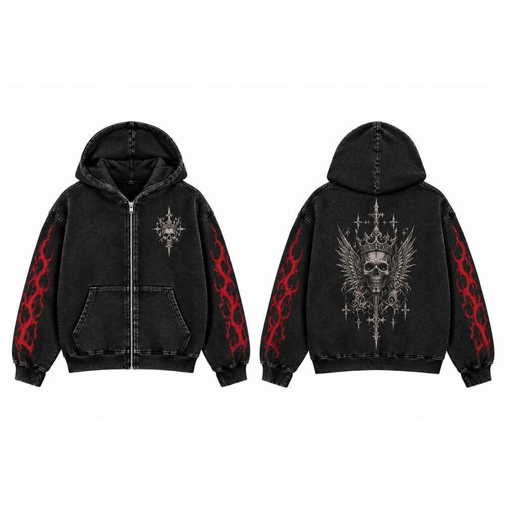 Crown Wing Skull Vintage Washed Zip-Up Hooded Jacket