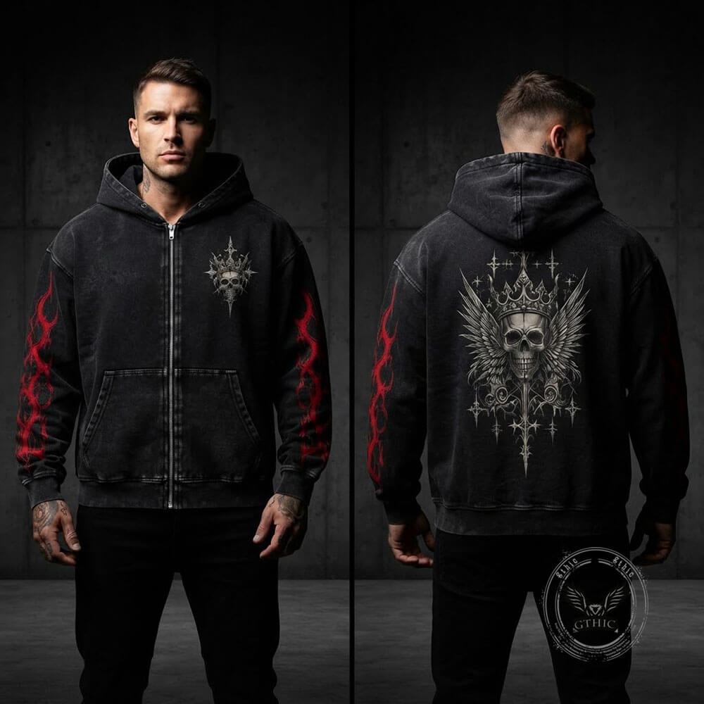 Crown Wing Skull Vintage Washed Zip-Up Hooded Jacket | Gthic.com