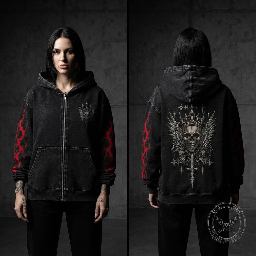 Crown Wing Skull Vintage Washed Zip-Up Hooded Jacket | Gthic.com