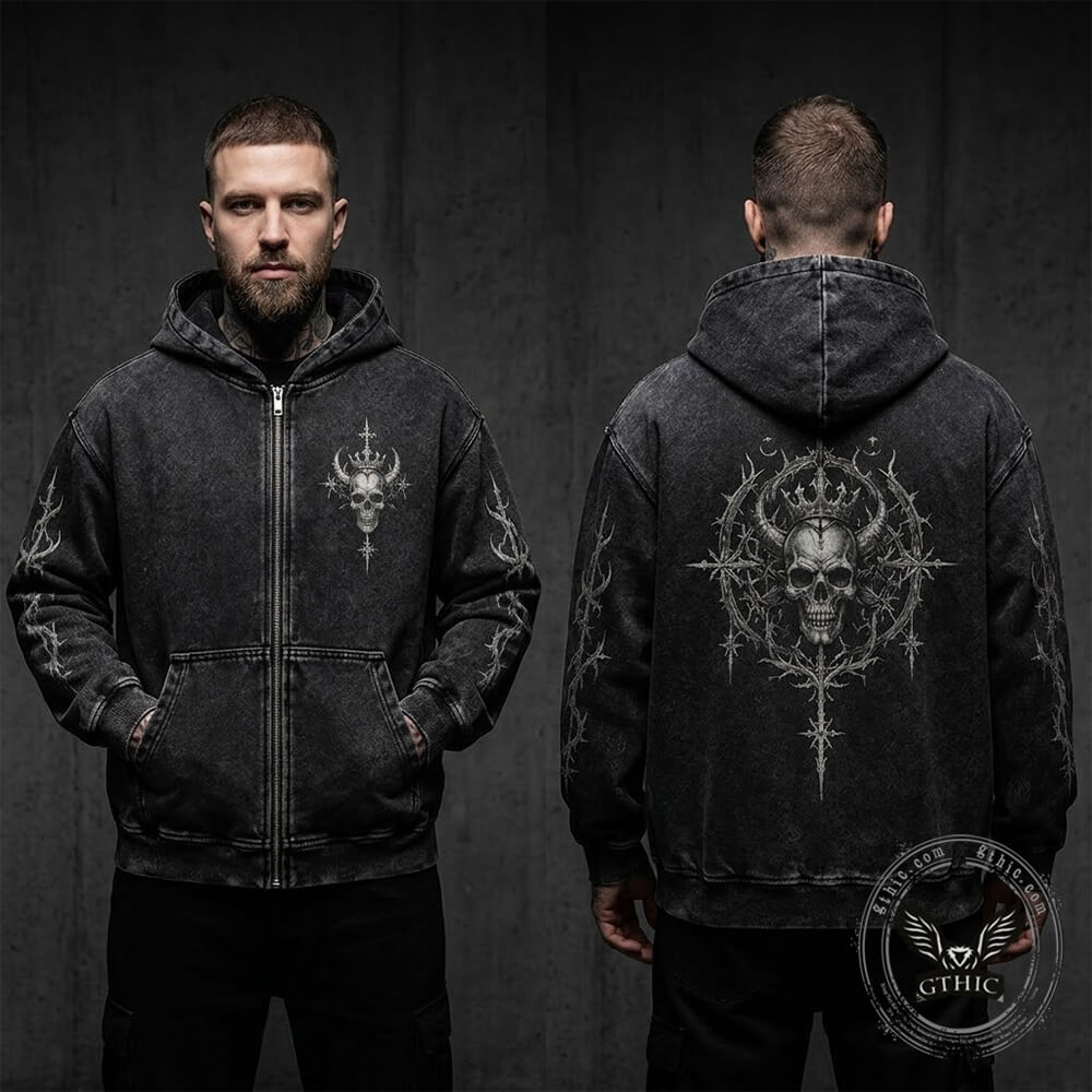 Crowned Horned Skull Vintage Washed Zip-Up Hooded Jacket | Gthic.com
