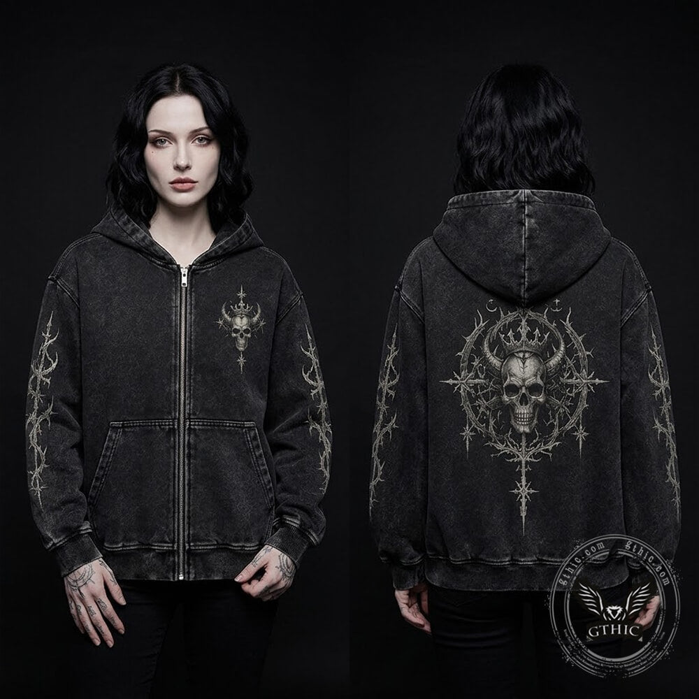 Crowned Horned Skull Vintage Washed Zip-Up Hooded Jacket | Gthic.com
