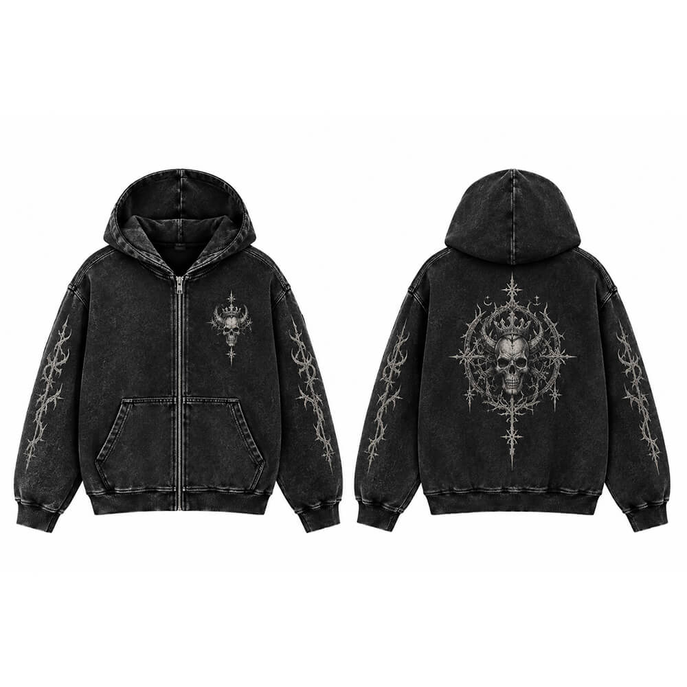 Crowned Horned Skull Vintage Washed Zip-Up Hooded Jacket | Gthic.com