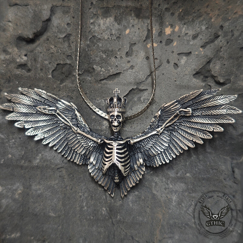Crowned Skeleton Wings Sterling Silver Pendant