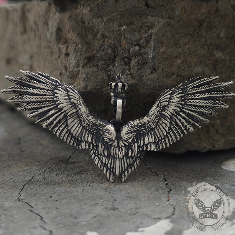 Crowned Skeleton Wings Sterling Silver Pendant