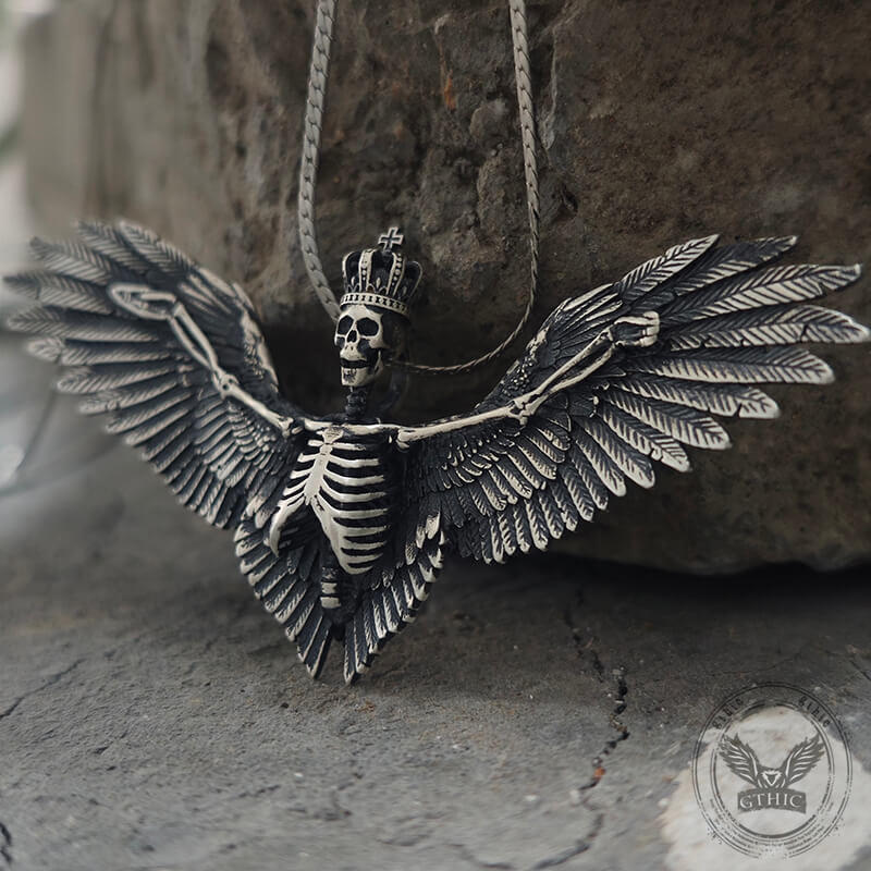 Crowned Skeleton Wings Sterling Silver Pendant