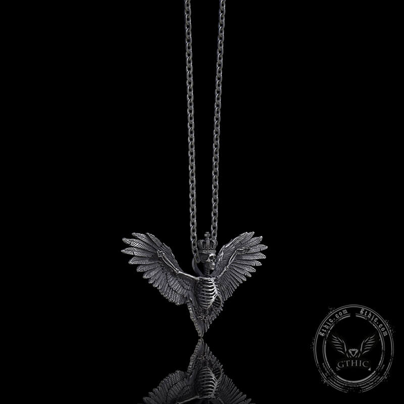 Crowned Skeleton Wings Sterling Silver Pendant