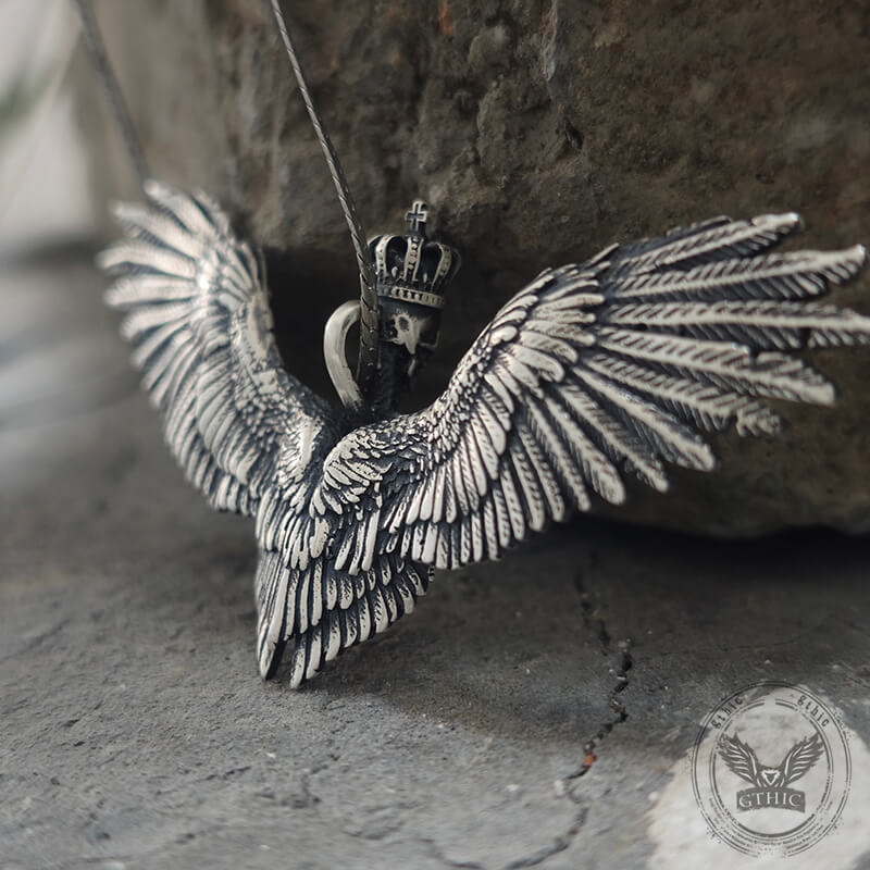 Crowned Skeleton Wings Sterling Silver Pendant