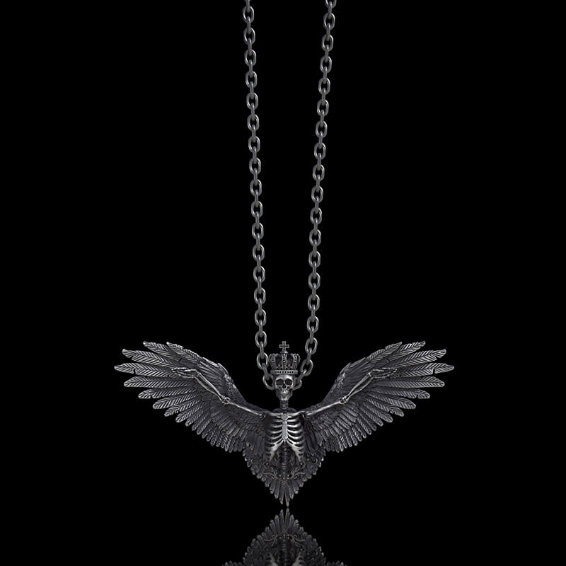 Crowned Skeleton Wings Sterling Silver Pendant | Gthic.com