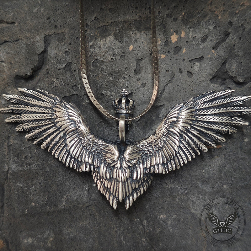 Crowned Skeleton Wings Sterling Silver Pendant