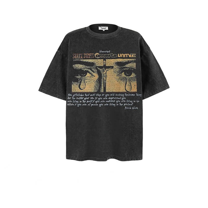Crucifixion of Jesus Print Vintage Washed Cotton T-shirt | Gthic.com