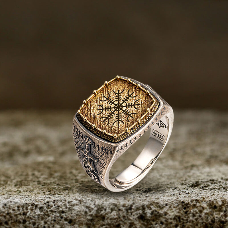 Custom Viking Symbols Sterling Silver Inlaid Brass Ring | Gthic.com