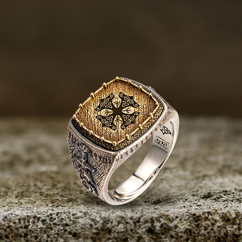 Custom Viking Symbols Sterling Silver Inlaid Brass Ring | Gthic.com