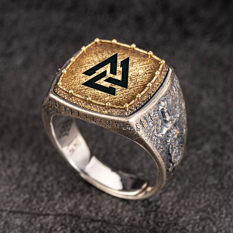 Custom Viking Symbols Sterling Silver Inlaid Brass Ring | Gthic.com