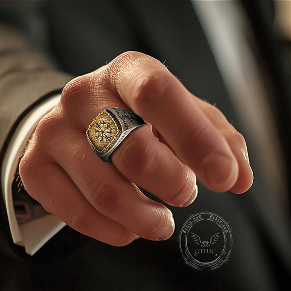 Custom Viking Symbols Sterling Silver Inlaid Brass Ring | Gthic.com