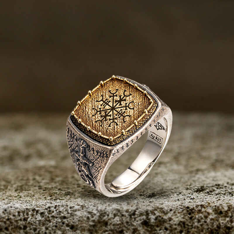 Custom Viking Symbols Sterling Silver Inlaid Brass Ring | Gthic.com