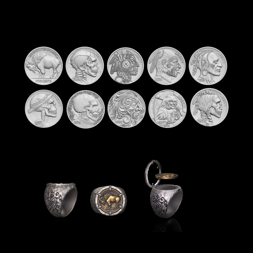 Customizable Buffalo Nickle Coin Sterling Silver Ring 05 | Gthic.com
