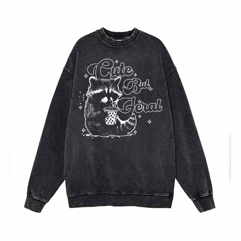 Cute But Feral Raccoon Funny Vintage Washed Sweatshirt 01 | Gthic.com