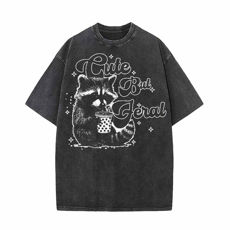 Cute But Feral Raccoon Funny Vintage Washed T-shirt 01 | Gthic.com