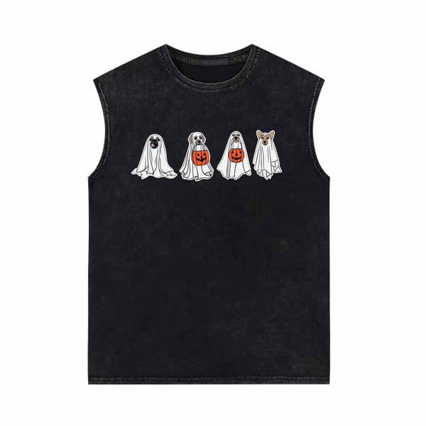 Сute Ghost Dog Pumpkin Head Vintage Washed Vest Top 01 | Gthic.com