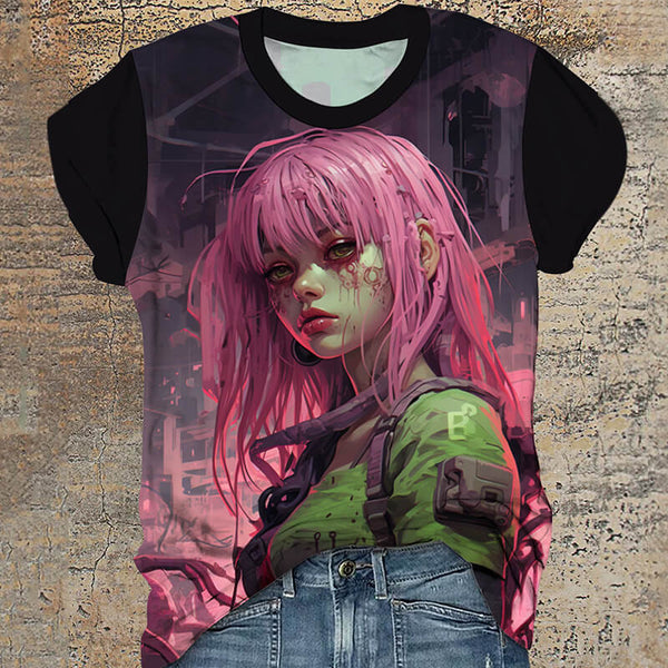 Cyberpunk Anime Girl Round Neck T-Shirt | Gthic.com