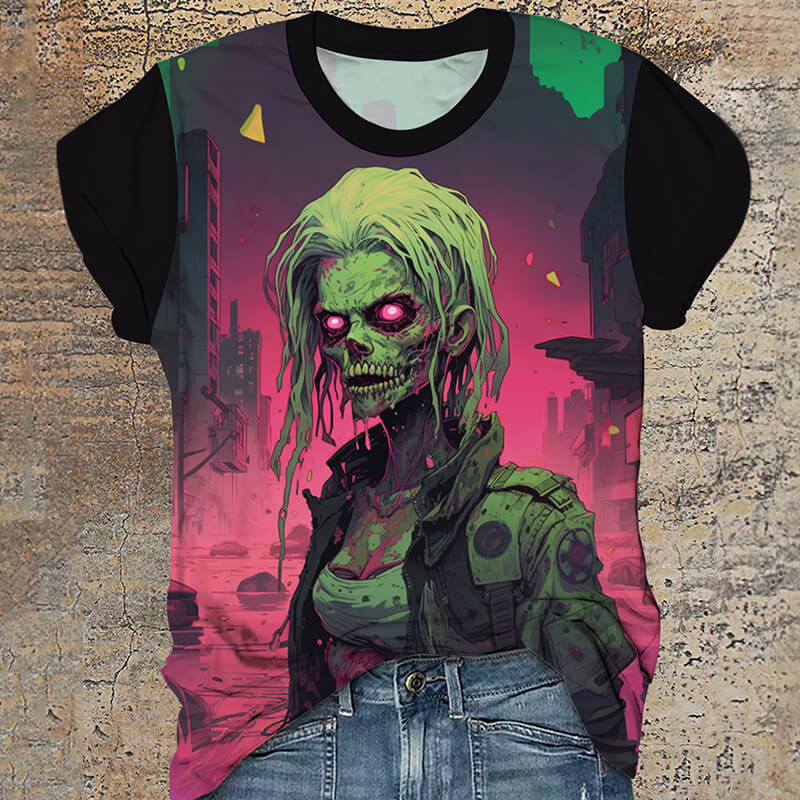 Cyberpunk Mutant Skull Warrior Round Neck T-Shirt | Gthic.com