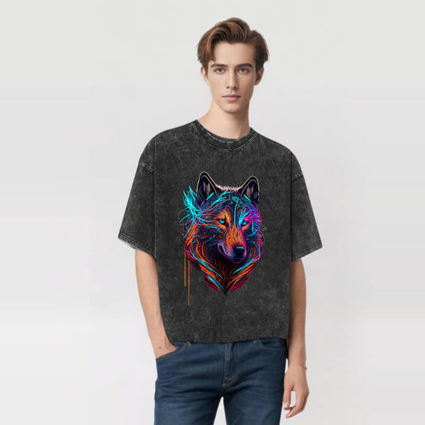 Cyberpunk Wolf Print Washed T-shirt