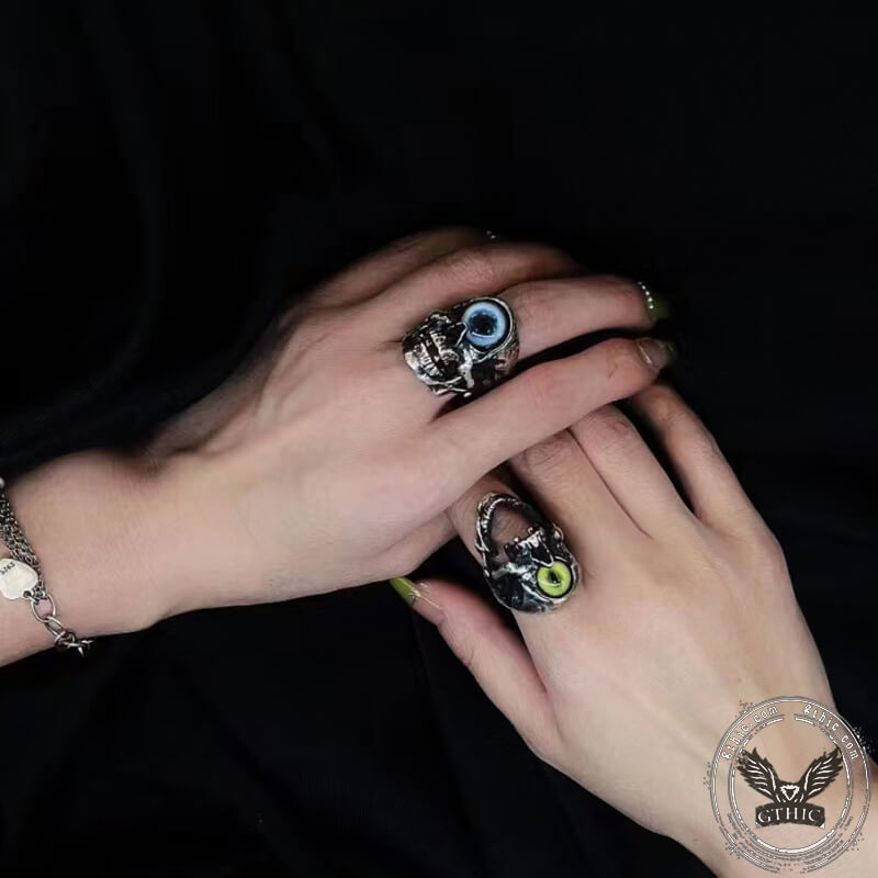 Titanium Stainless Steel Skull Ring – Green Crystal Eyes – Men's Gothic Designer Ring – Size Q