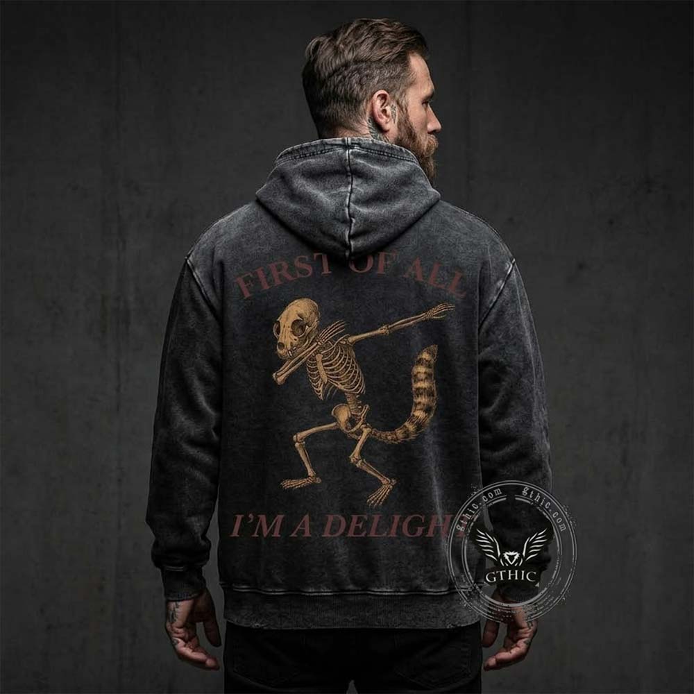 Dabbing Delight Raccoon Skull Vintage Washed Hoodie | Gthic.com