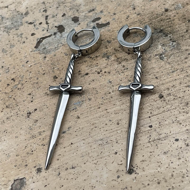 Dangle Sword Stainless Steel Hoop Earrings | Gthic.com