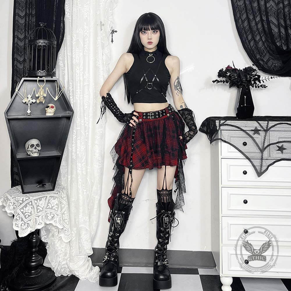 Dark-Style Black Plaid Polka Dot Mesh Irregular Tulle Skirt | Gthic.com