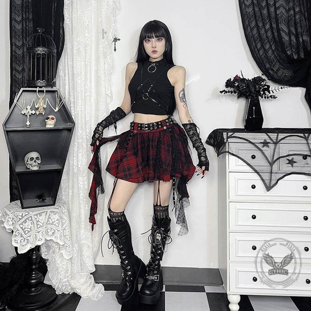 Dark-Style Black Plaid Polka Dot Mesh Irregular Tulle Skirt | Gthic.com