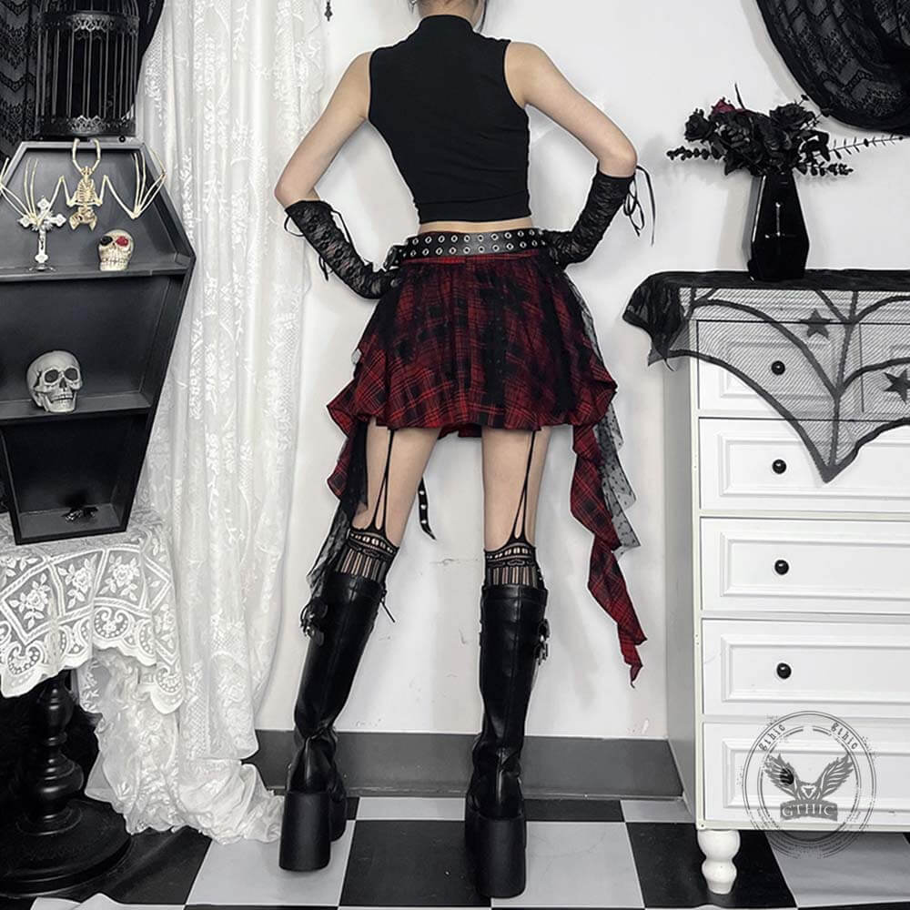 Minifalda con flecos de encaje irregular de telaraña negra