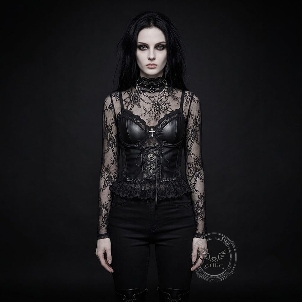 Dark-Style Lace-Up Waist-Cinching Lace PU Leather Corset | Gthic.com