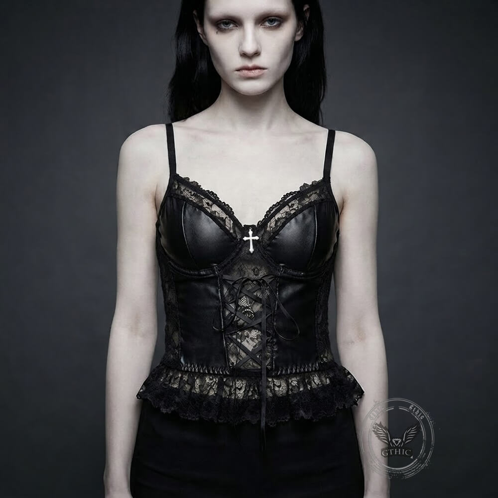 Dark-Style Lace-Up Waist-Cinching Lace PU Leather Corset | Gthic.com