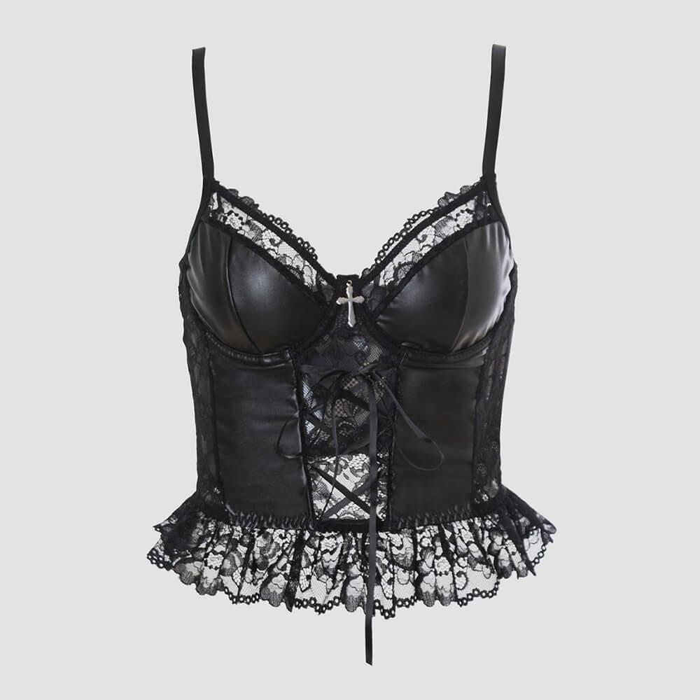Dark-Style Lace-Up Waist-Cinching Lace PU Leather Corset | Gthic.com