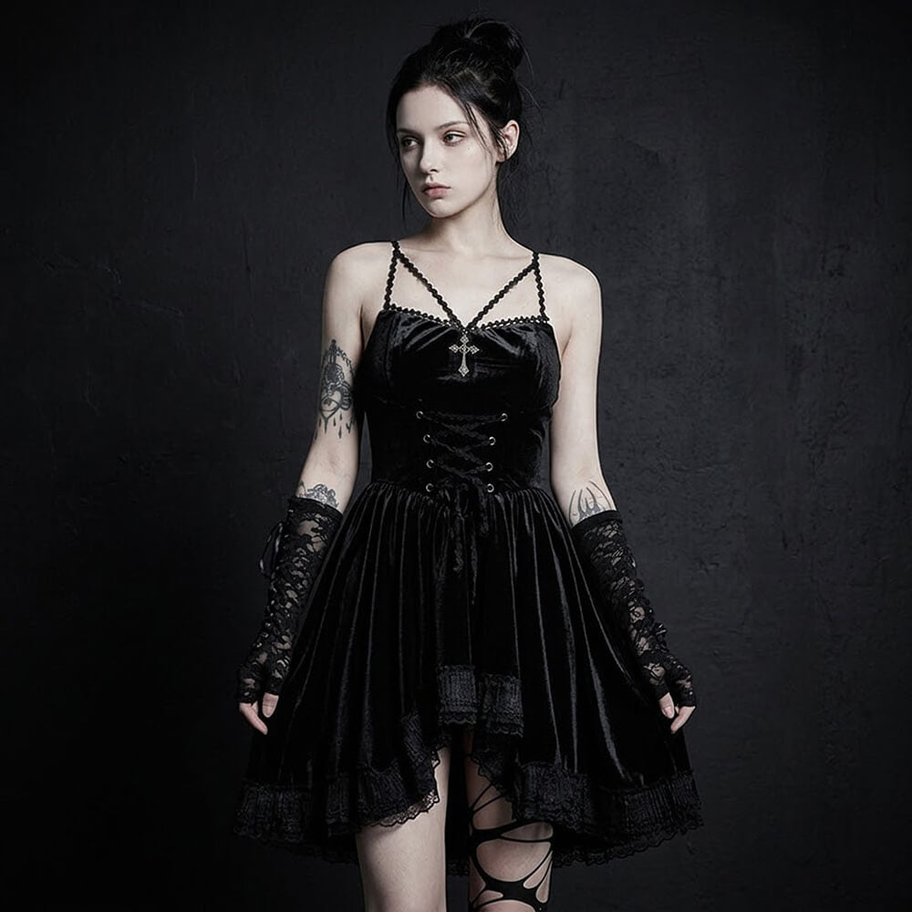 Dark-Style Lace-Up Waist Suede Dress | Gthic.com