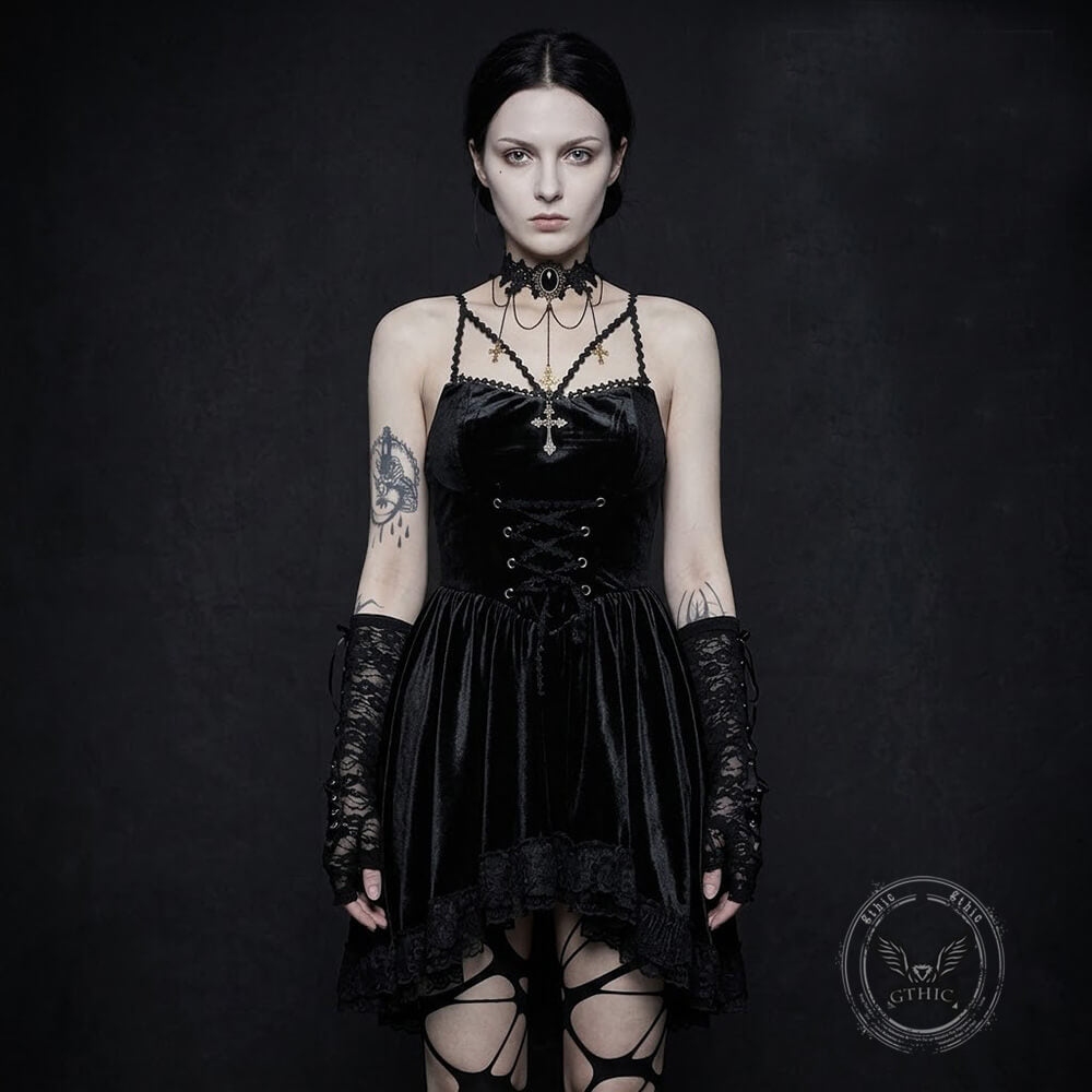 Dark-Style Lace-Up Waist Suede Dress