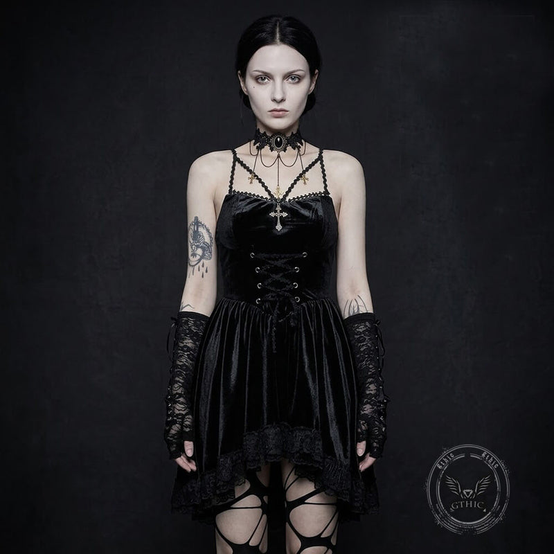 lace goth dress Dark-Style Lace-Up Waist Suede Dress, Polyester / No sleeves / S sheer floral lace Color:Crow Cyan Men's Dress Shirt Wrinkle Style_Low Back