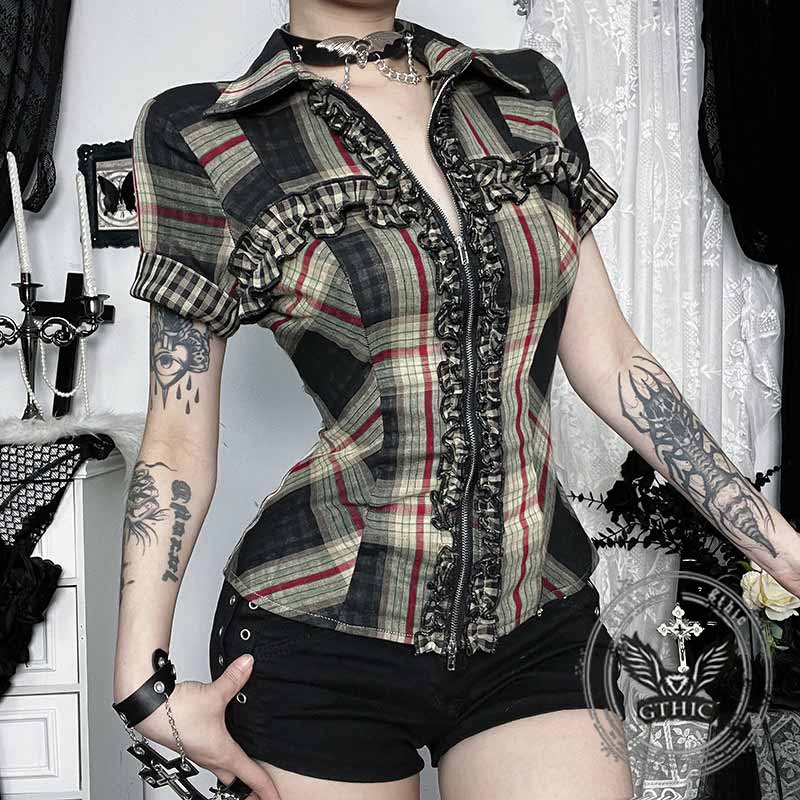 Dark Cross Design Check Zip-Up Short Sleeve Shirt 01 | Gthic.com