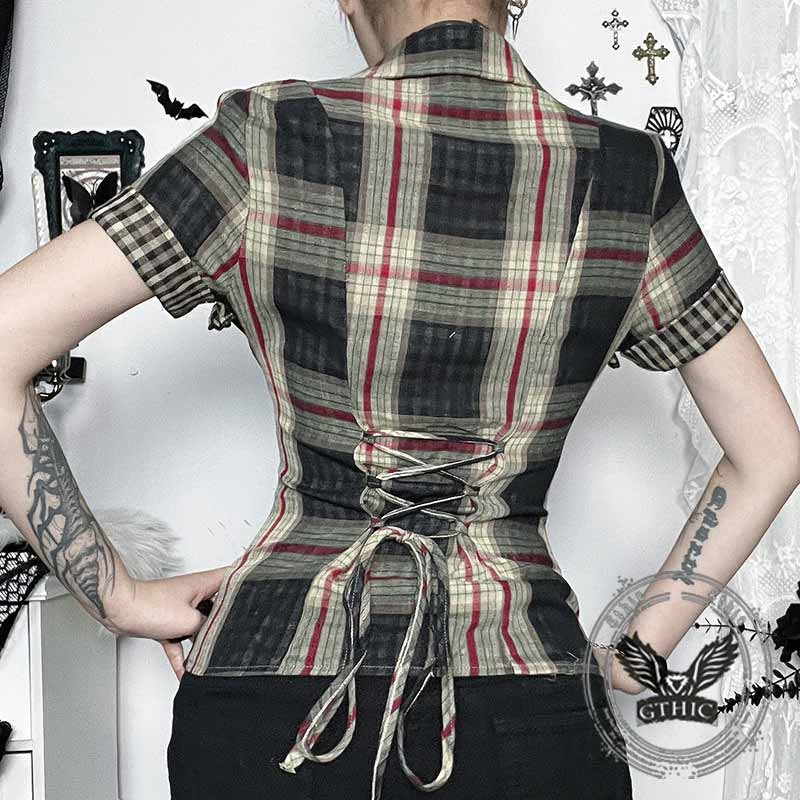 Dark Cross Design Check Zip-Up Short Sleeve Shirt 02 | Gthic.com