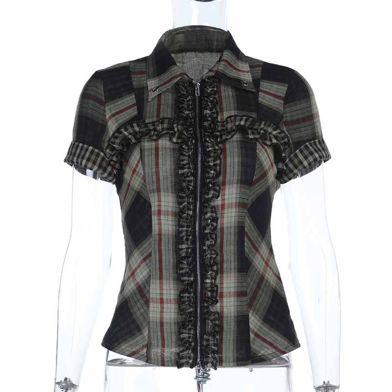 Dark Cross Design Check Zip-Up Short Sleeve Shirt 03 | Gthic.com
