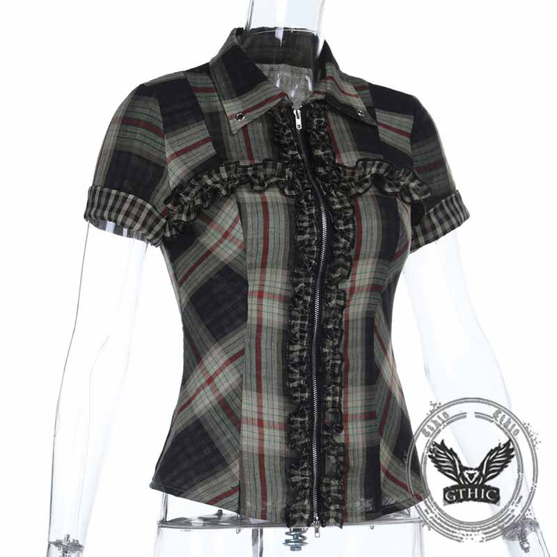 Dark Cross Design Check Zip-Up Short Sleeve Shirt