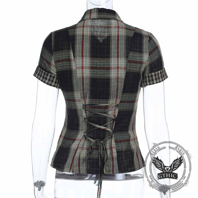 Dark Cross Design Check Zip-Up Short Sleeve Shirt