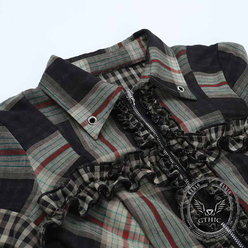 Dark Cross Design Check Zip-Up Short Sleeve Shirt