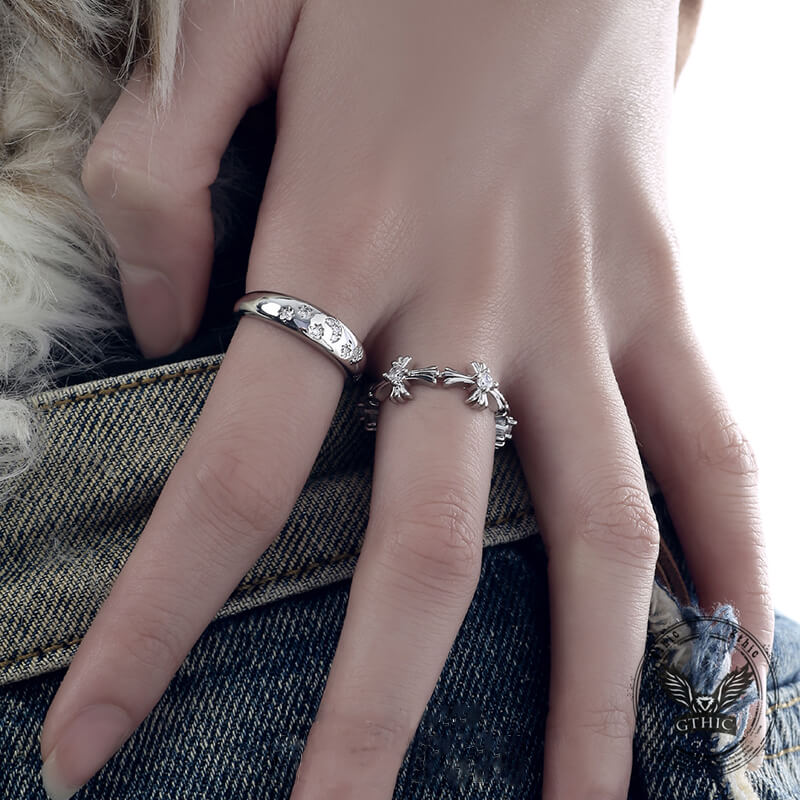 Dark Cross Star Moon Copper Alloy Open Zircon Ring 03 | Gthic.com
