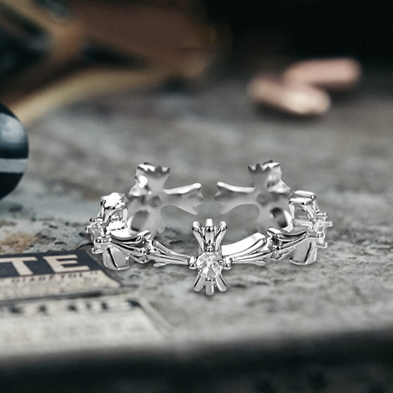 Dark Cross Star Moon Copper Alloy Open Zircon Ring 04 | Gthic.com