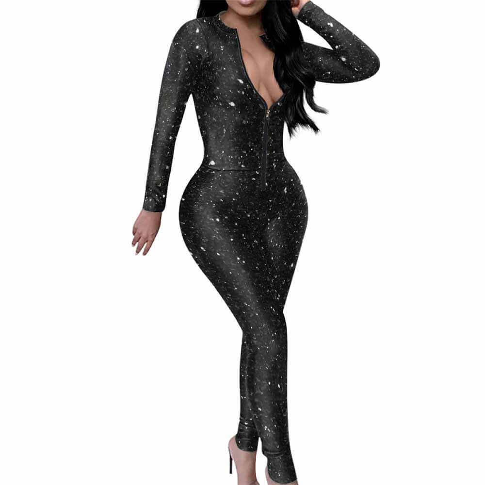 Dark Dot Print Sexy Zipper Skinny Jumpsuit | Gthic.com